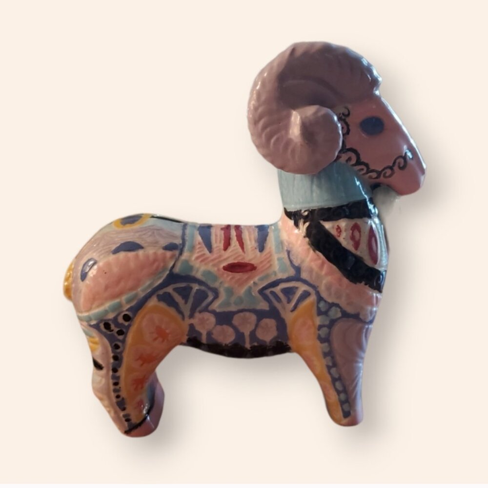 Vintage Ram Figurine Ceramic Ornate Etched Pastel Farm Animal Statue Retro